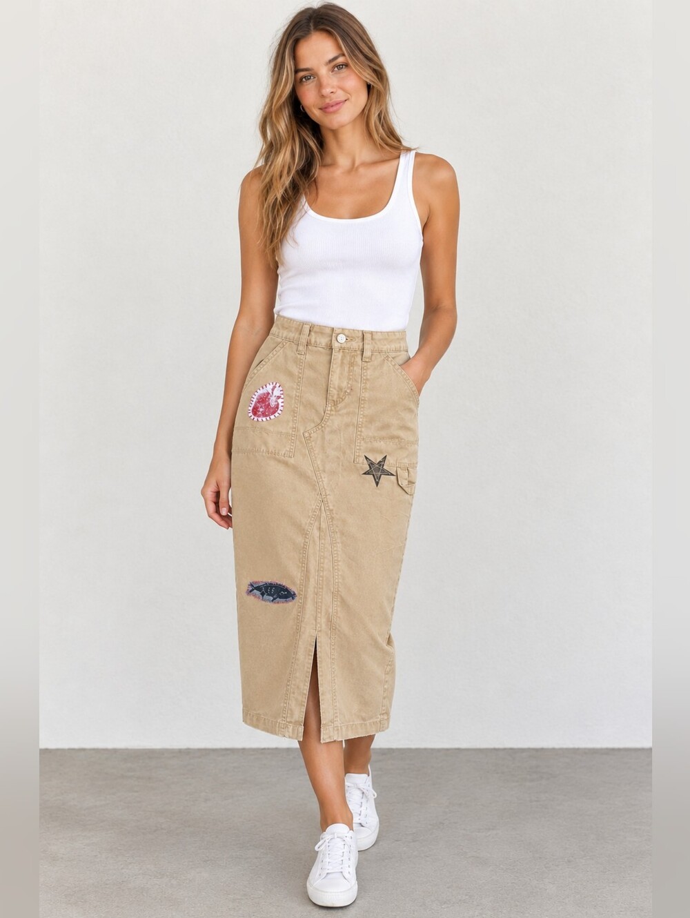 Urban Outfitters BDG Khaki Beige Patchwork Midi Skirt with Embroidered Accents